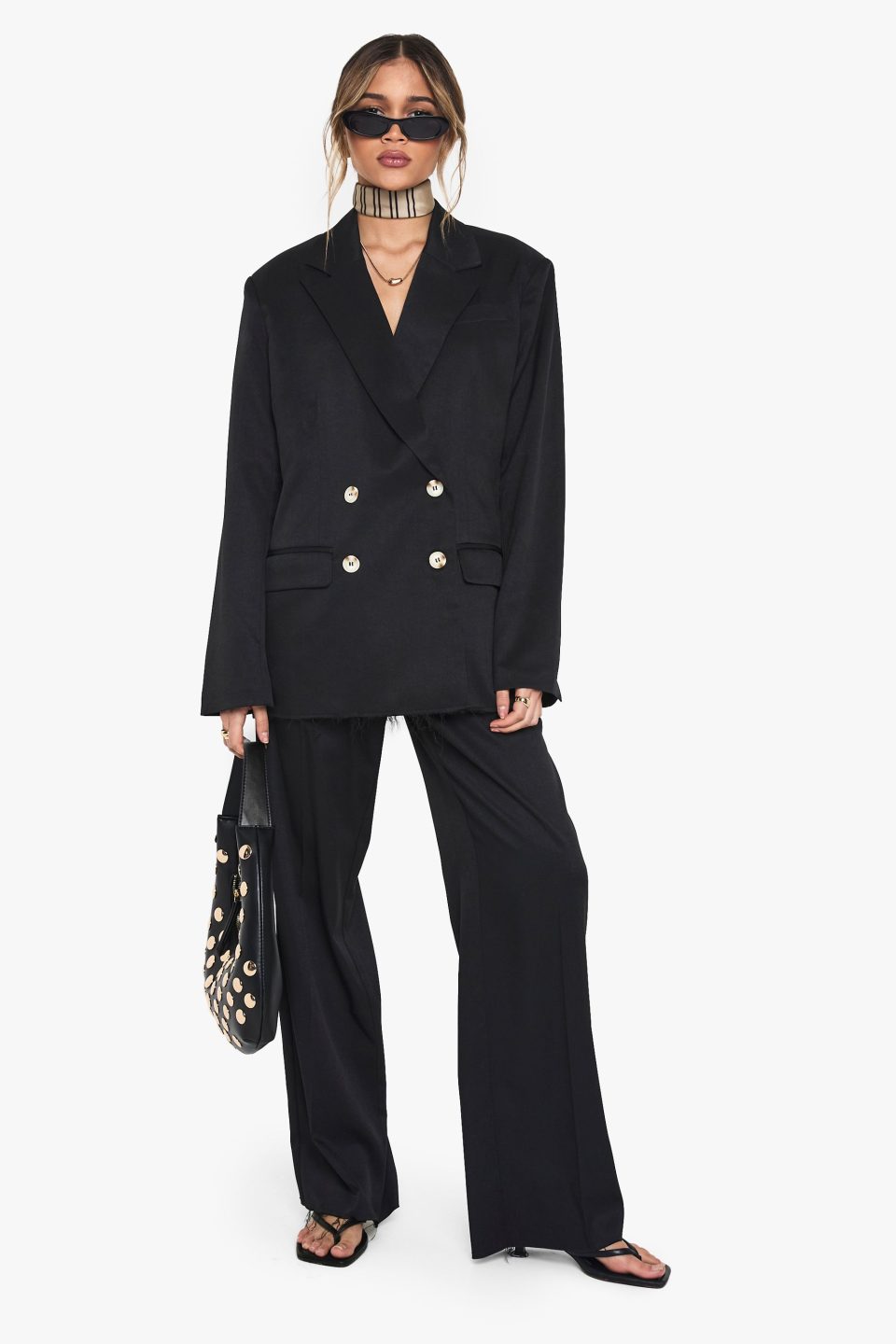 Woven Tailored Frayed Hem Wide Leg Trousers