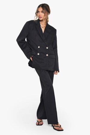 Woven Tailored Frayed Hem Wide Leg Trousers