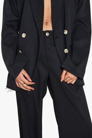 Woven Tailored Frayed Hem Wide Leg Trousers