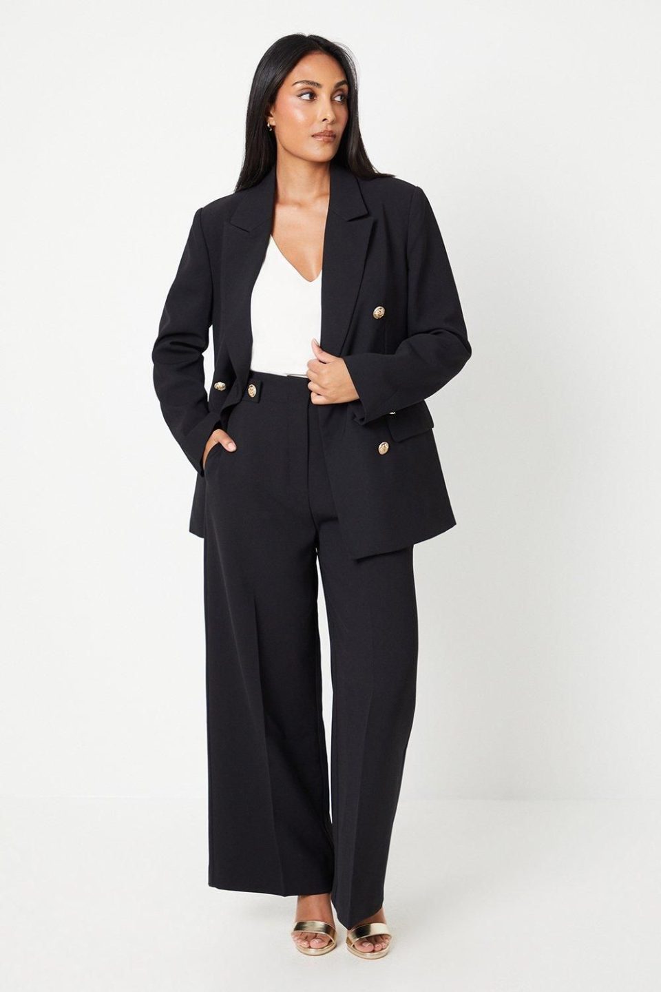 Petite Button Tab Detail Wide Leg Trouser