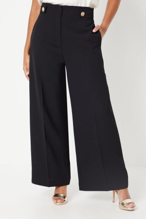 Petite Button Tab Detail Wide Leg Trouser