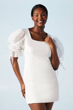 Stretch Crepe With Organza Puff Sleeve Bridal Mini Dress