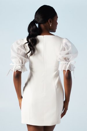 Stretch Crepe With Organza Puff Sleeve Bridal Mini Dress