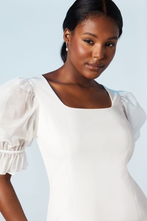 Stretch Crepe With Organza Puff Sleeve Bridal Mini Dress