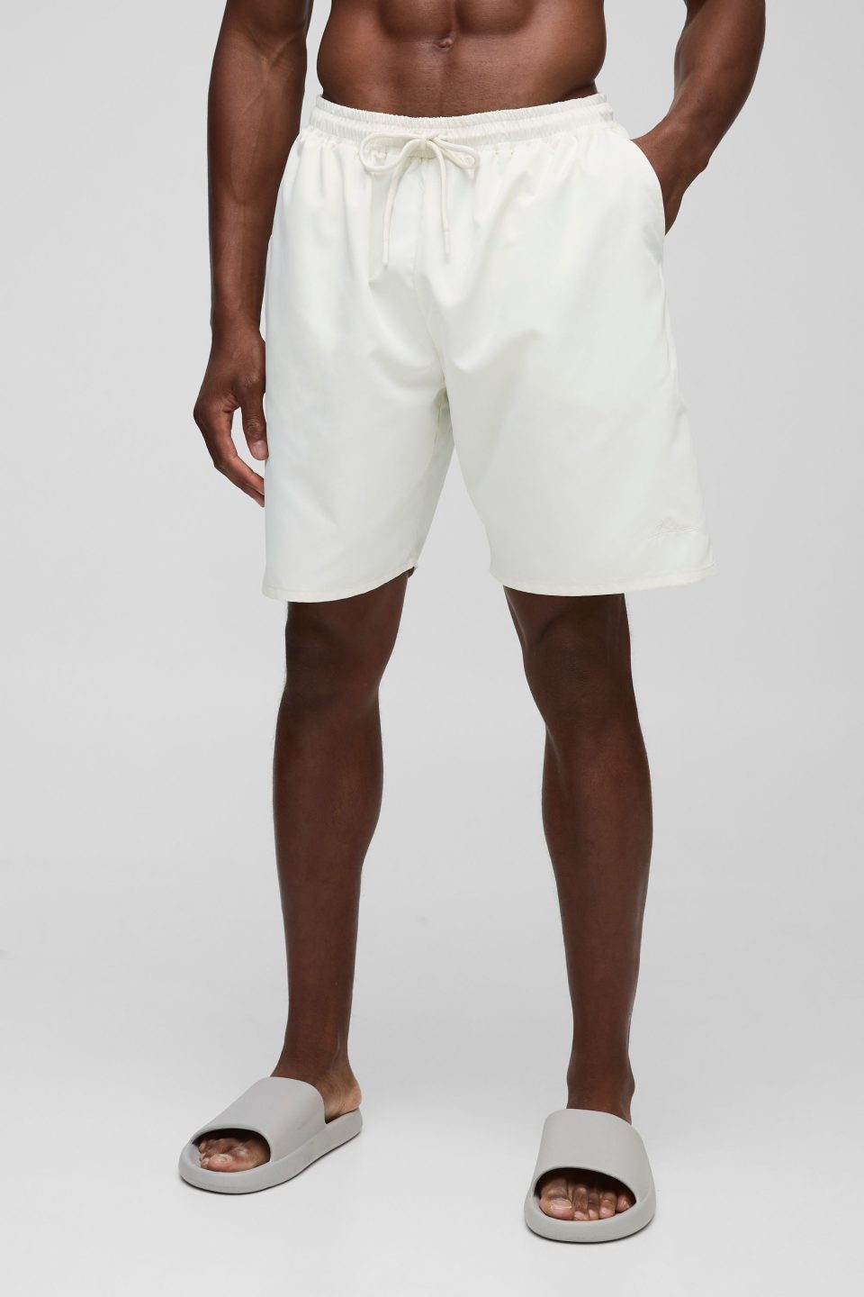 Branded Long Length Swim Short in Ecru