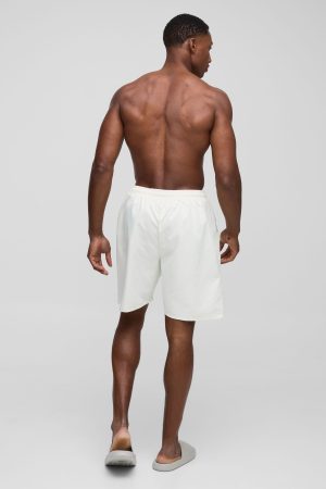 Branded Long Length Swim Short in Ecru