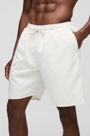Branded Long Length Swim Short in Ecru