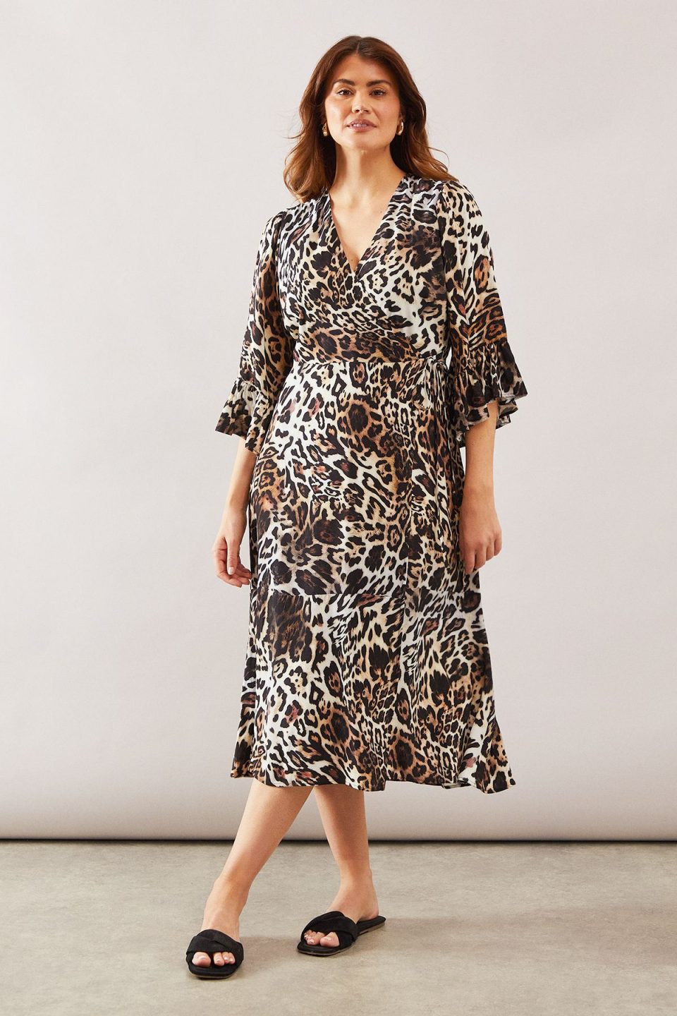 Leopard Wrap Ruffle Midi Dress