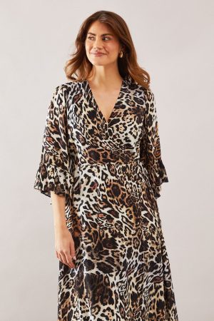 Leopard Wrap Ruffle Midi Dress
