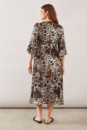 Leopard Wrap Ruffle Midi Dress