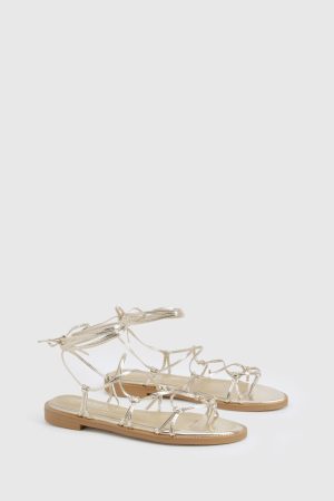 Wide Fit Caged Detail Tie Up Flat Sandals