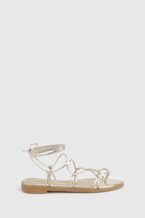 Wide Fit Caged Detail Tie Up Flat Sandals