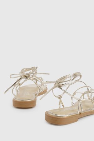 Wide Fit Caged Detail Tie Up Flat Sandals