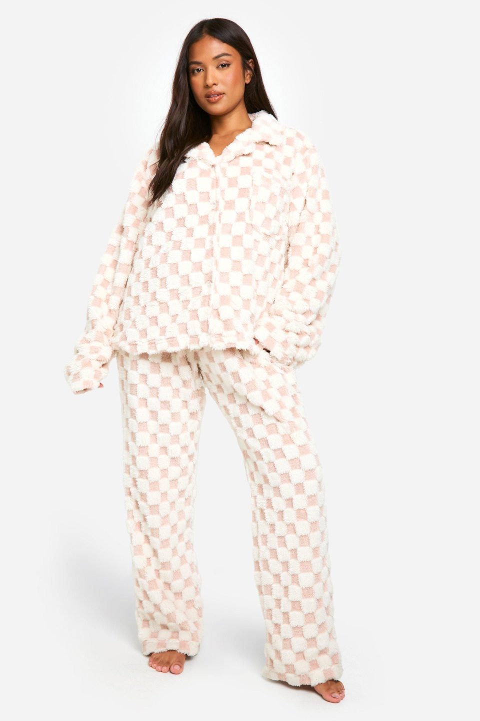 Petite Baby Pink Checkerboard Button Front Pj Set