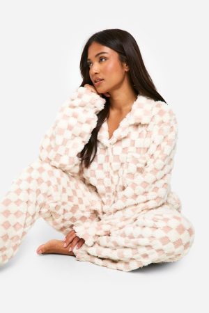 Petite Baby Pink Checkerboard Button Front Pj Set