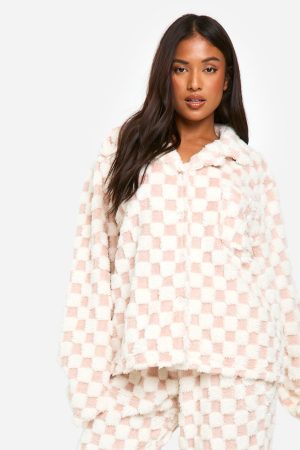Petite Baby Pink Checkerboard Button Front Pj Set