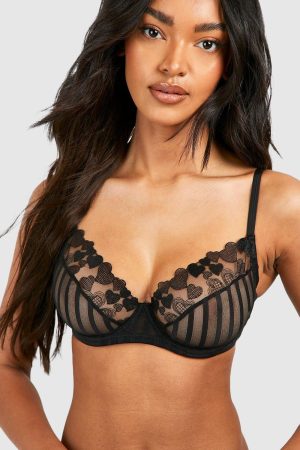 Striped And Heart Mesh Detail Fuller Bust Balcony Bra