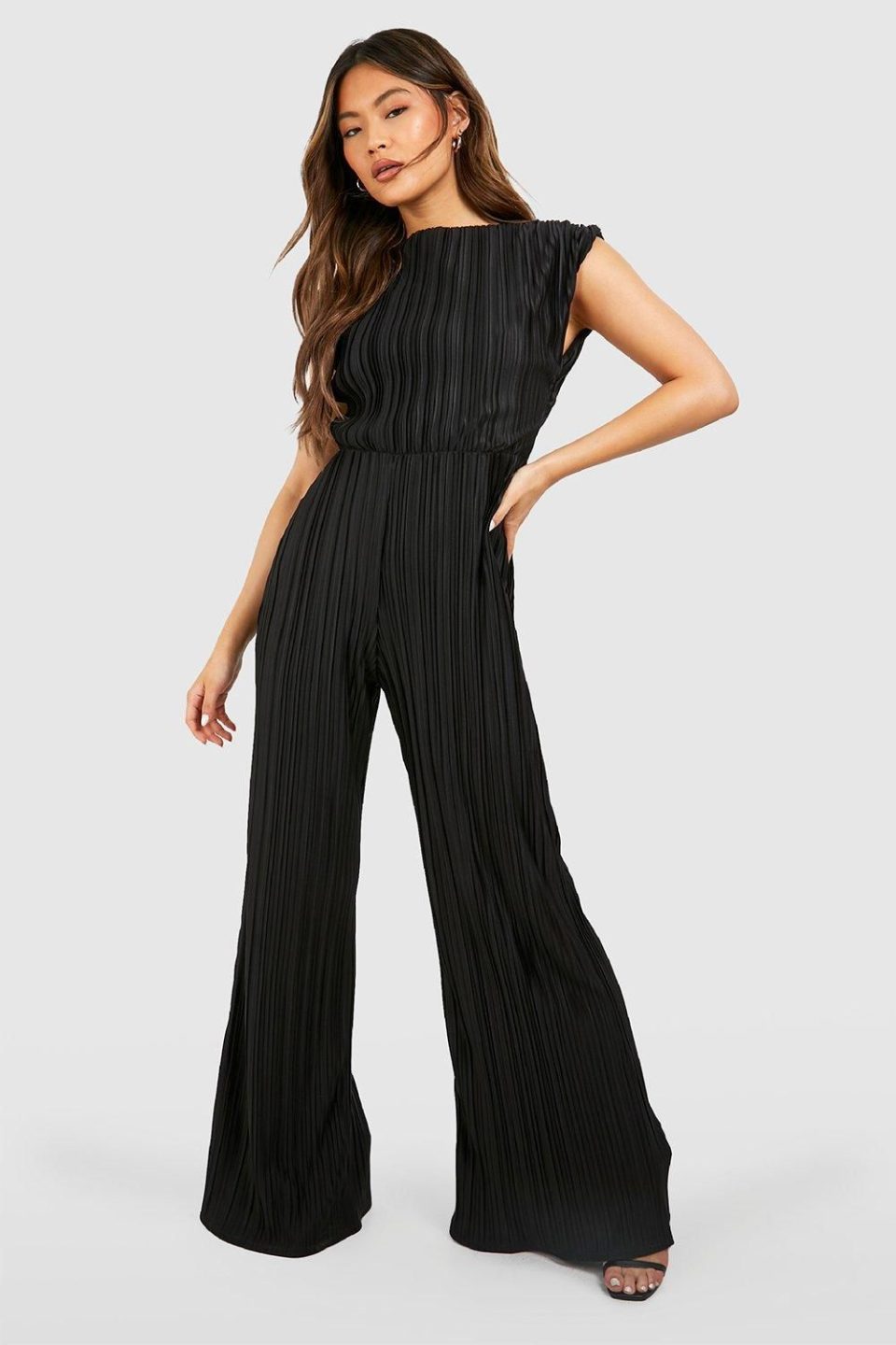 Wide Plisse Ruched Shoulder Wide Leg Jumpsuit