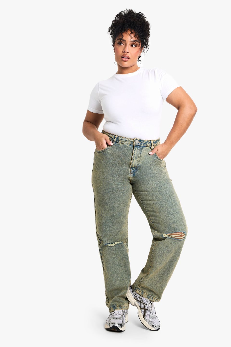 Plus Basics High Waisted Straight Leg Ripped Knee Jeans