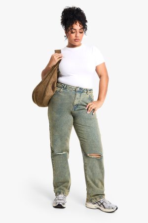 Plus Basics High Waisted Straight Leg Ripped Knee Jeans