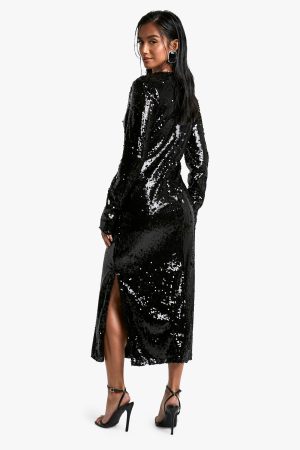 Petite Crew Neck Sequin Maxi Dress