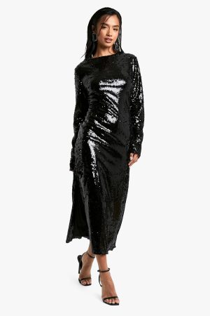 Petite Crew Neck Sequin Maxi Dress