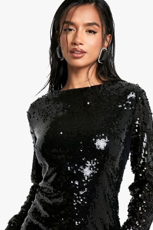 Petite Crew Neck Sequin Maxi Dress