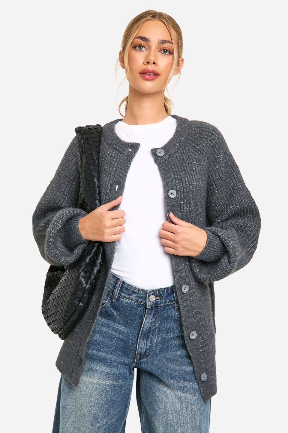 Knitted Oversized Boxy Button Front Cardigan