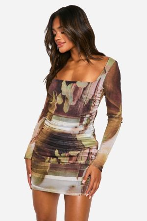 Square Neck Ruched Mesh Printed Bodycon Dress