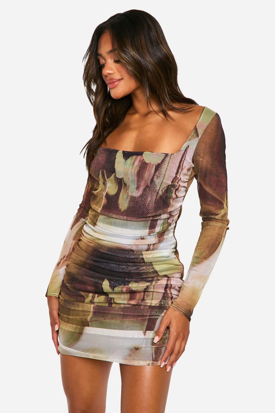 Square Neck Ruched Mesh Printed Bodycon Dress