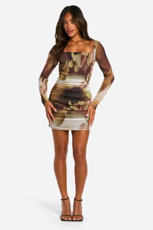 Square Neck Ruched Mesh Printed Bodycon Dress