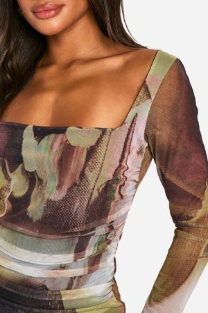 Square Neck Ruched Mesh Printed Bodycon Dress