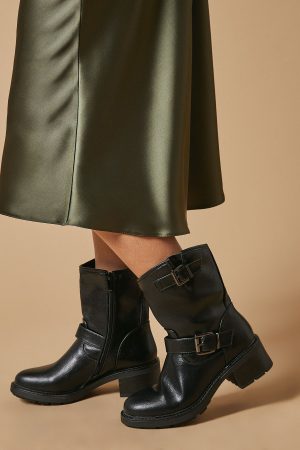 Janessa Faux Leather Double Buckle Chunky Biker Ankle Boot