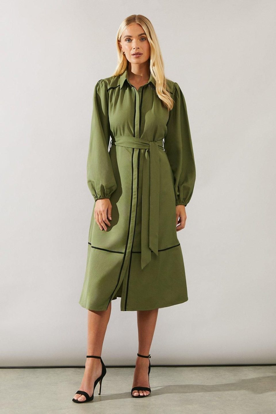 Petite Contrast Piping Tie Waist Shirt Dress