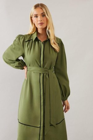 Petite Contrast Piping Tie Waist Shirt Dress