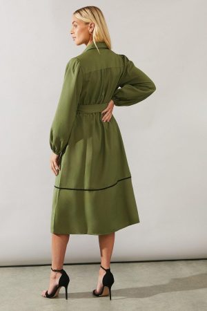 Petite Contrast Piping Tie Waist Shirt Dress