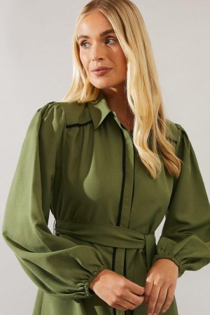 Petite Contrast Piping Tie Waist Shirt Dress