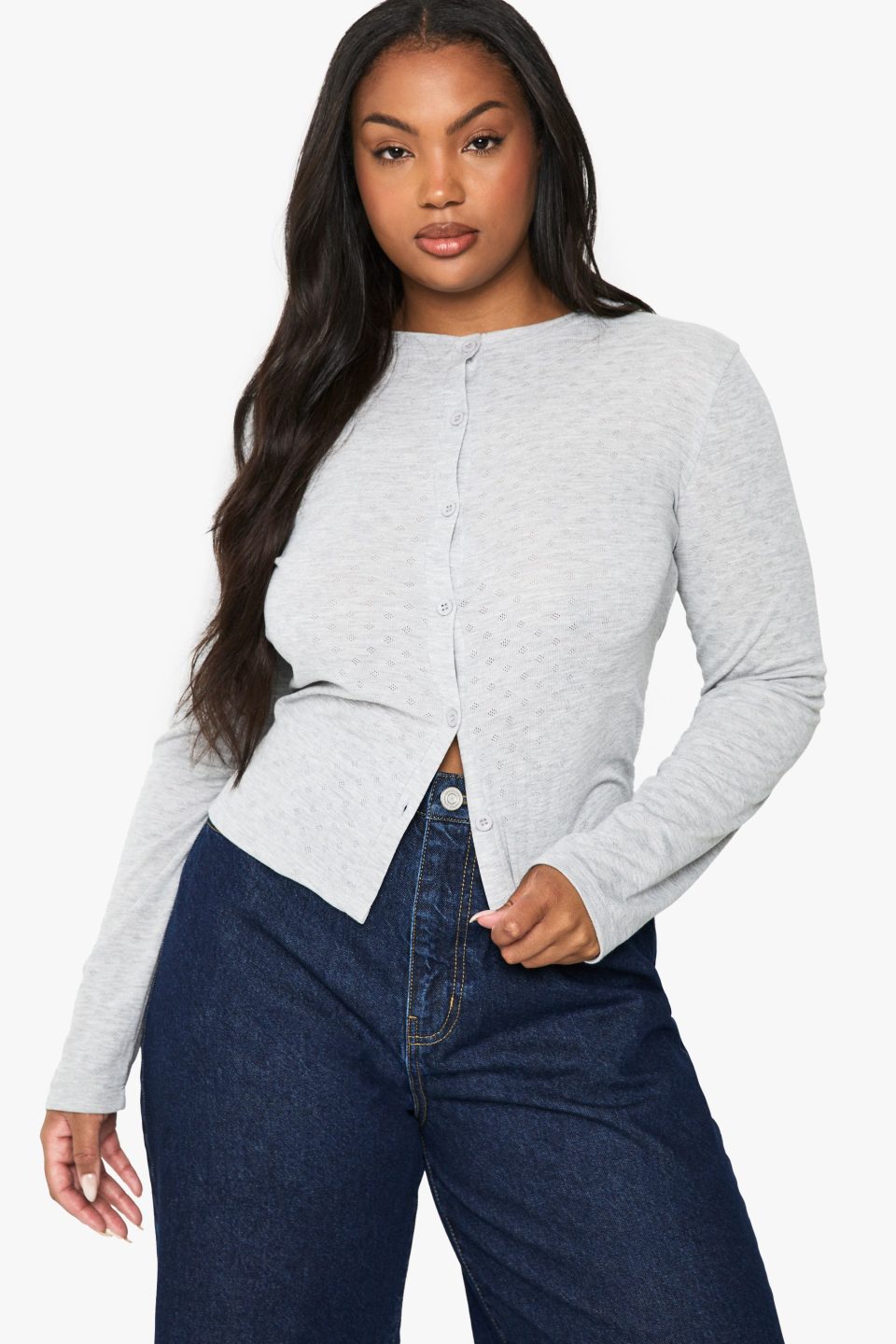 PLUS POINTELLE LONG SLEEVE BUTTON DOWN FITTED TOP
