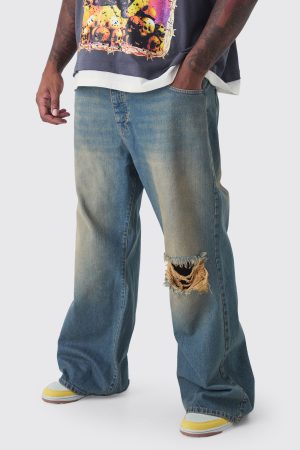 Plus Relaxed Flare Rigid Knee Rip Tinted Denim Jeans