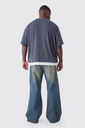 Plus Relaxed Flare Rigid Knee Rip Tinted Denim Jeans