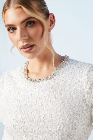 Sequin Bridal Shift Dress With Diamante Trim Detail