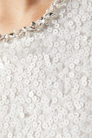 Sequin Bridal Shift Dress With Diamante Trim Detail