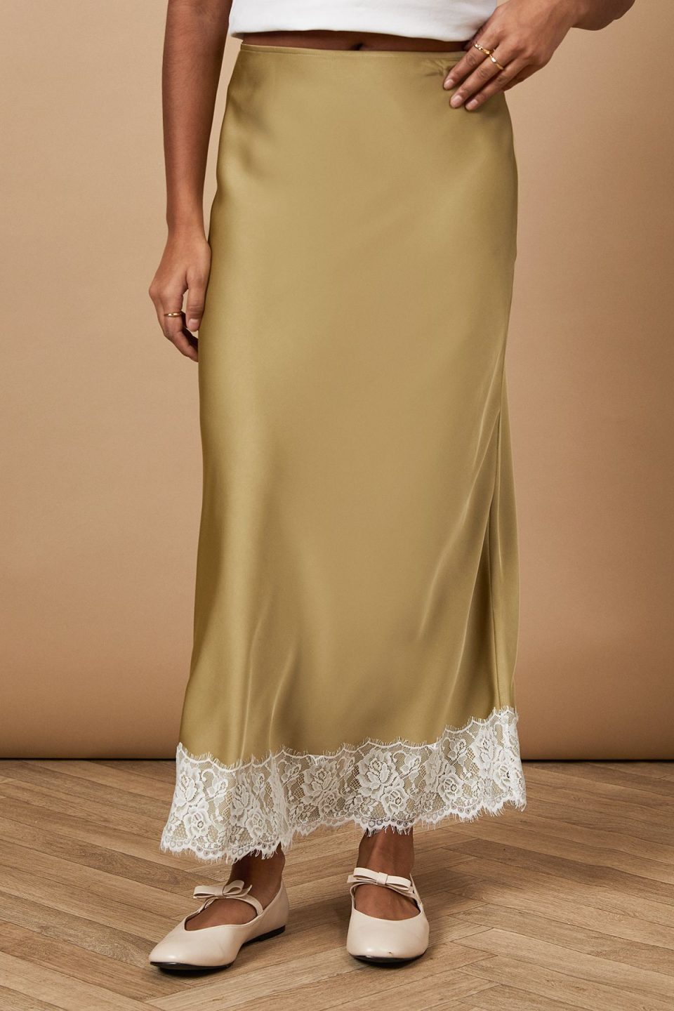 Satin Bias Cut Lace Hem Skirt
