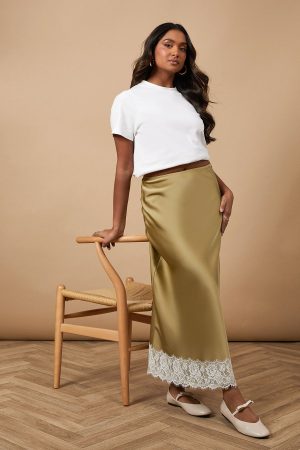 Satin Bias Cut Lace Hem Skirt