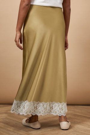 Satin Bias Cut Lace Hem Skirt