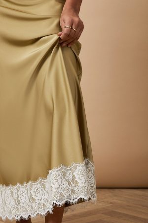 Satin Bias Cut Lace Hem Skirt