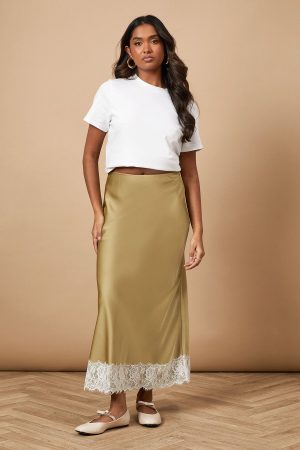 Satin Bias Cut Lace Hem Skirt