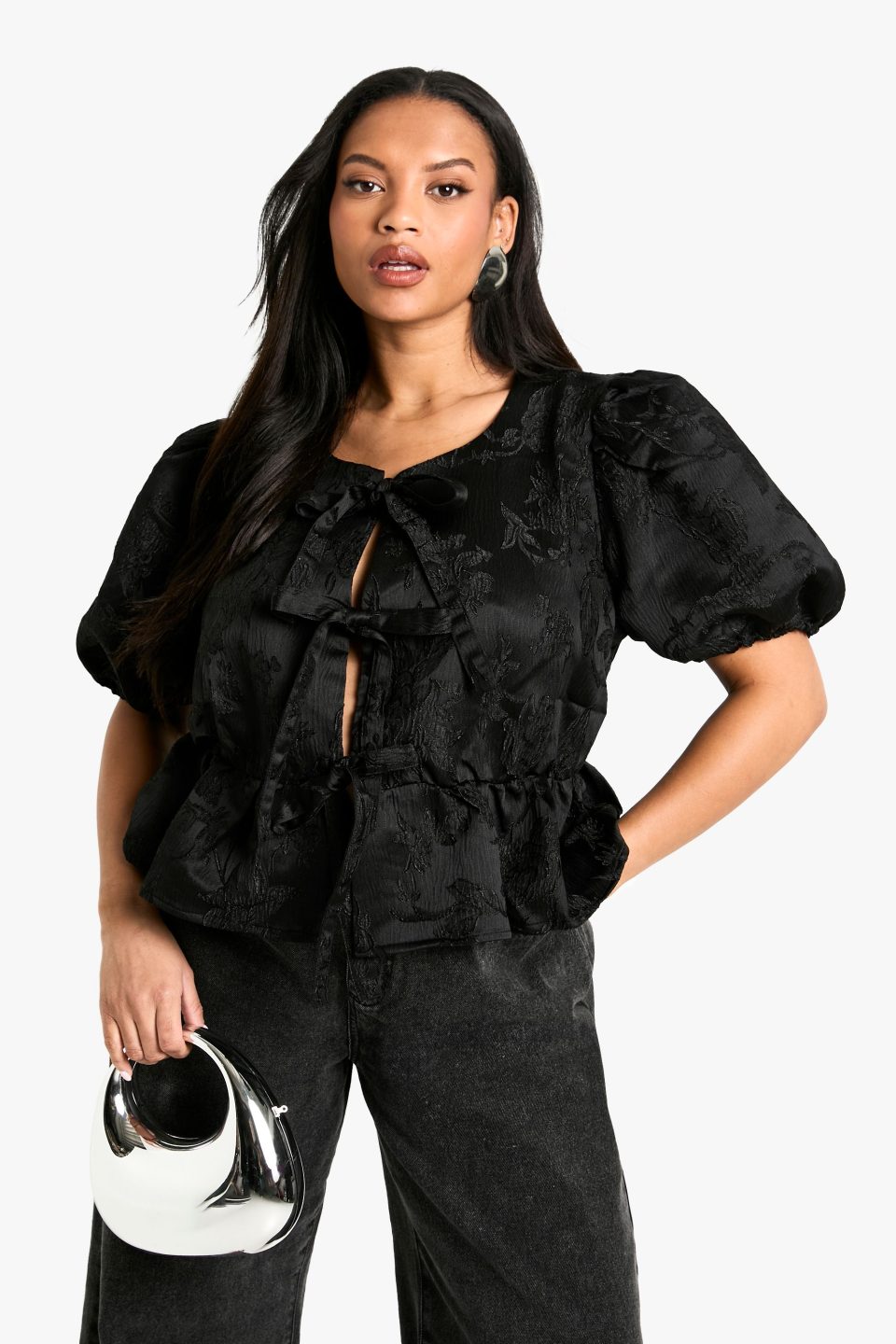 Plus Jacquard Tie Front Smock Top