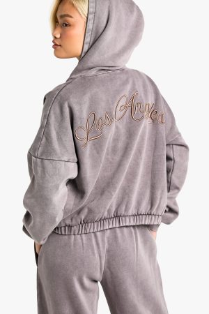 Los Angeles Embroidered Overdyed Boxy Zip Through Hoodie