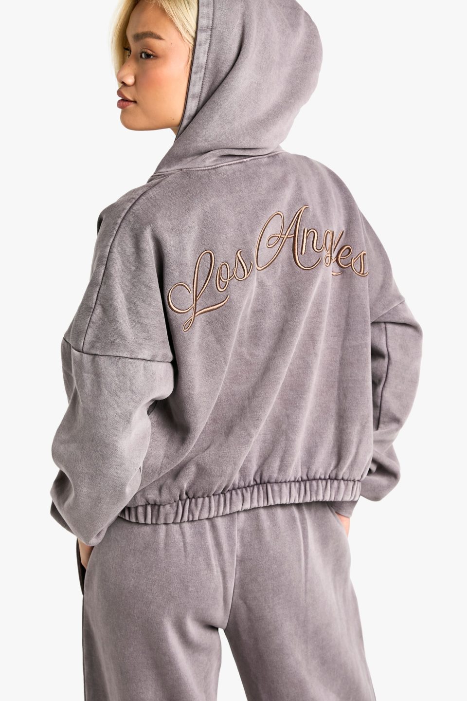 Los Angeles Embroidered Overdyed Boxy Zip Through Hoodie